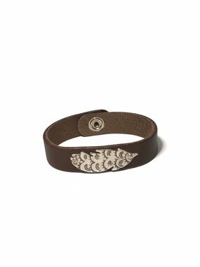 Handmade stamped mandala silver feather charm brown leather cuff‎ bracelet